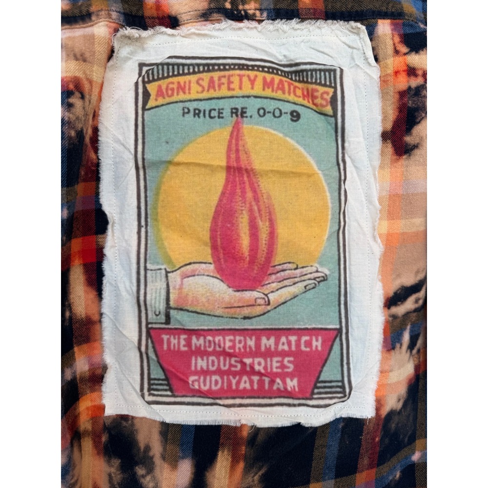 Vintage Matchbox Graphic Flannel Shirt Upcycled Folk Art XS Cotton